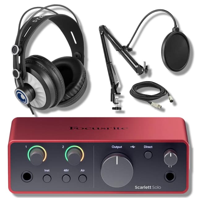 Focusrite Scarlett Solo 4G with StreamEye Cans50 Studio Headphones and Microphone Boom Arm, XLR Cable and Pop Filter Bundle