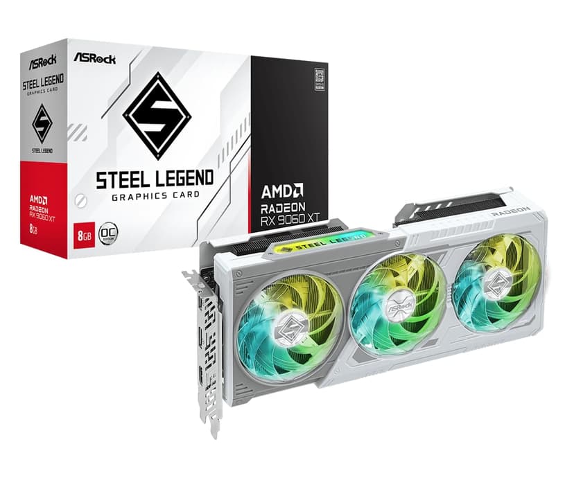 ASRock Radeon RX 9060 XT Steel Legend 8GB GDDR6 OC Graphics Card | 3320 MHz Boost | Triple Fan | 0dB Cooling | Metal Backplate | PCIe 5.0 | DisplayPort 2.1a, HDMI 2.1b