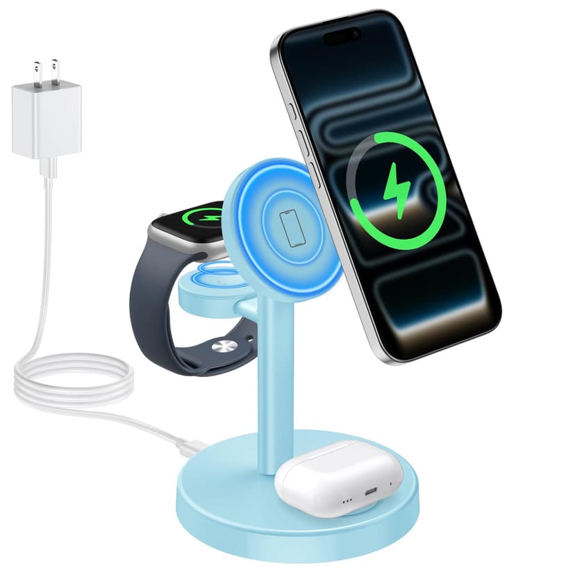2026 3 in 1 Wireless Charging Station Compatible with MagSafe, 15W Fast Magnetic Mag-Safe Charger Stand for Apple iPhone 17 16 15 14 13 12 Series iWatch AirPods Pro 4 3 2, Iceblue