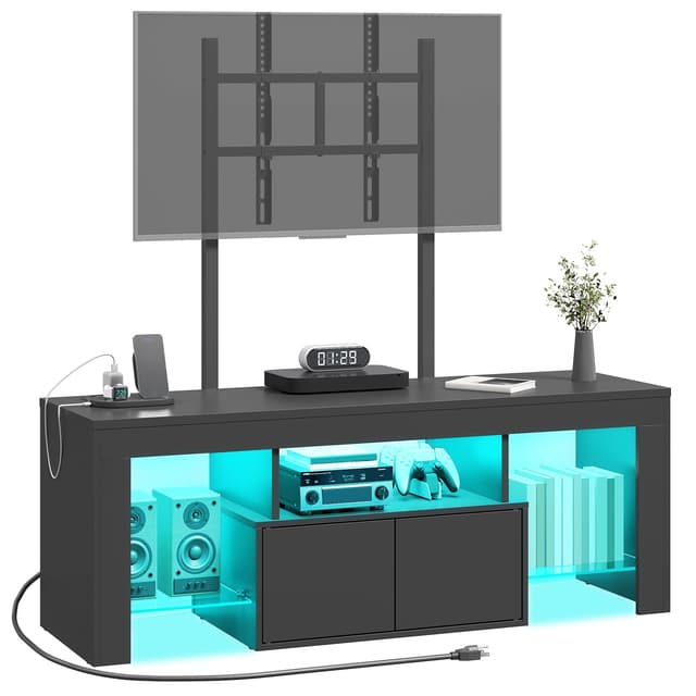 YATINEY TV Stand with Mount and Power Outlet, Entertainment Center with LED Lights for 45/55/60/65 inch TVs, TV Console Table with Storage Cabinet, for Living Room, Bedroom, Black DS21UDBB