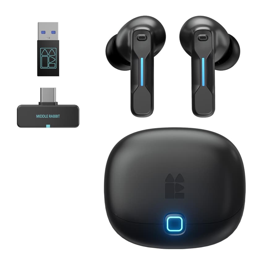 Middle Rabbit SW5 Wireless Gaming Earbuds with Mic, Compatible with PC PS5 PS4 Desktop VR, Computer Headphones, 2.4G Dongle & Bluetooth 5.4 Dual-Mode, 4 Built-in Microphones, 20ms Low Latency