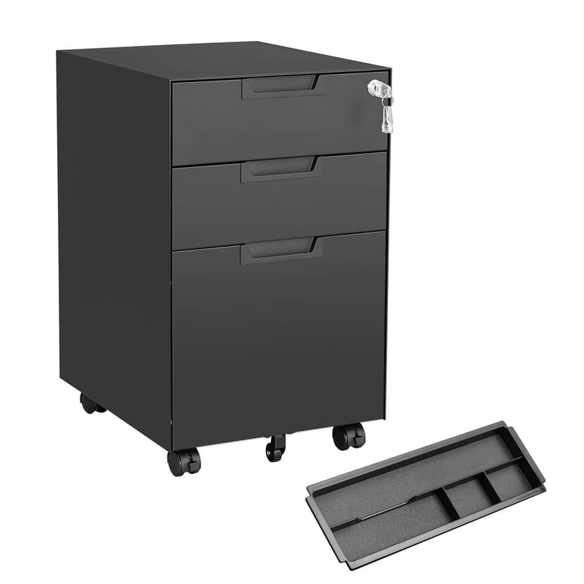 MIIIKO 3 Drawer Filing Cabinet with Lock, Metal Black Vertical File Cabinets for Home Office, Full Assembled File Cabinets Under Desk, Letter/Legal/A4 File Folders Storage