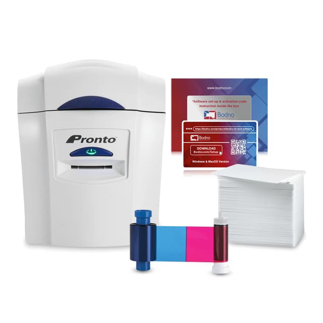 Bodno Magicard Pronto ID Card Printer & Complete Supplies Package ID Software - Silver Edition