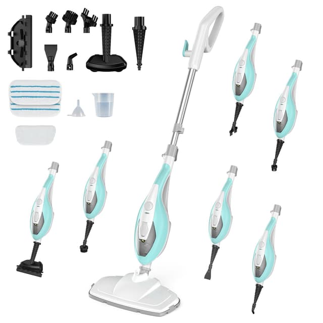 OLIXIS 10-in-1 Steam Mop, 1550W Detachable Handheld Steam Cleaner for Floor Cleaning, 16FT Cord, 2 Washable Pads, Multi-Purpose Floor Steamer for Hardwood, Carpet, Tile, Grout, Windows, White Green