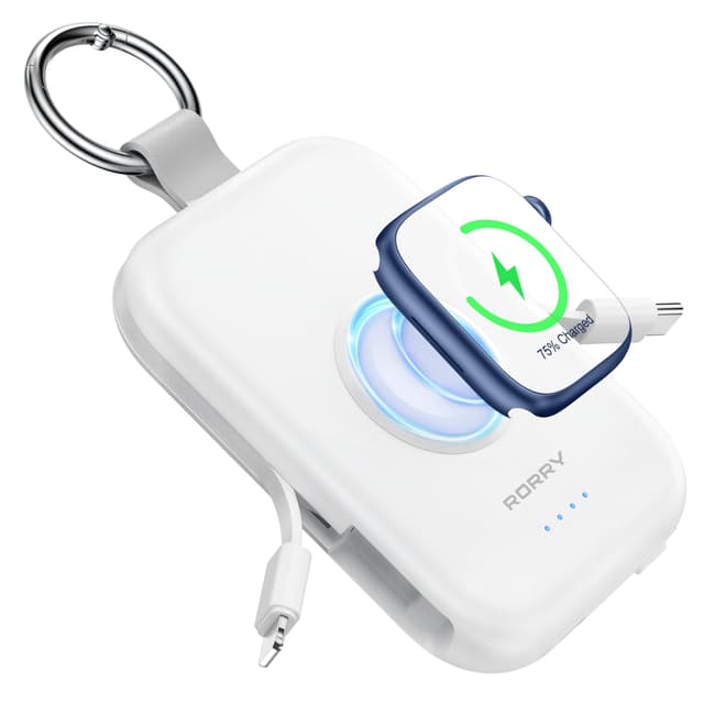 RORRY Portable Charger, 5000mAh Portable Charger Power Bank with Built-in Cables, Travel Keychain Battery Pack for Apple Watch Ultra/11/10/9/8/7/6/SE, iPhone Air/17/16/15/14/13/12, White
