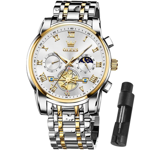 OLEVS Watch Men Original Luxury Waterproof Analog Dress Business Fashion Casual Gold and Silver Stainless Steel Bracelet Men Watches Metal Adjustable Watch With Large Faces Analog Quartz Chronograph Watches Relojes para hombres
