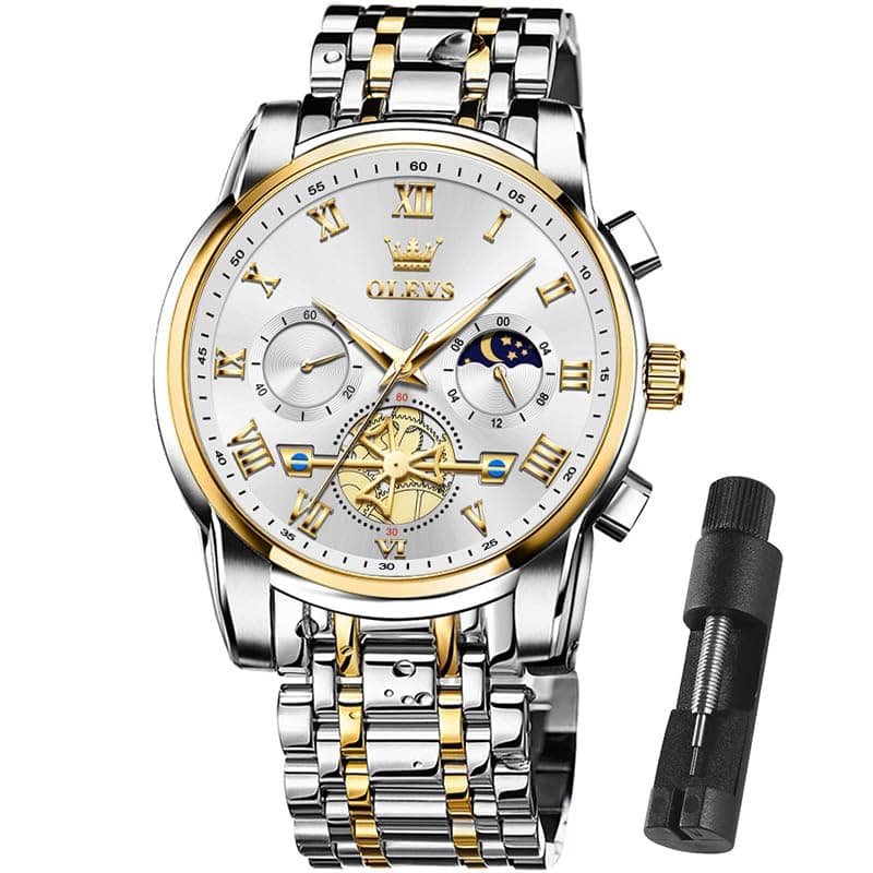 OLEVS Watch Men Original Luxury Waterproof Analog Dress Business Fashion Casual Gold and Silver Stainless Steel Bracelet Men Watches Metal Adjustable Watch With Large Faces Analog Quartz Chronograph Watches Relojes para hombres