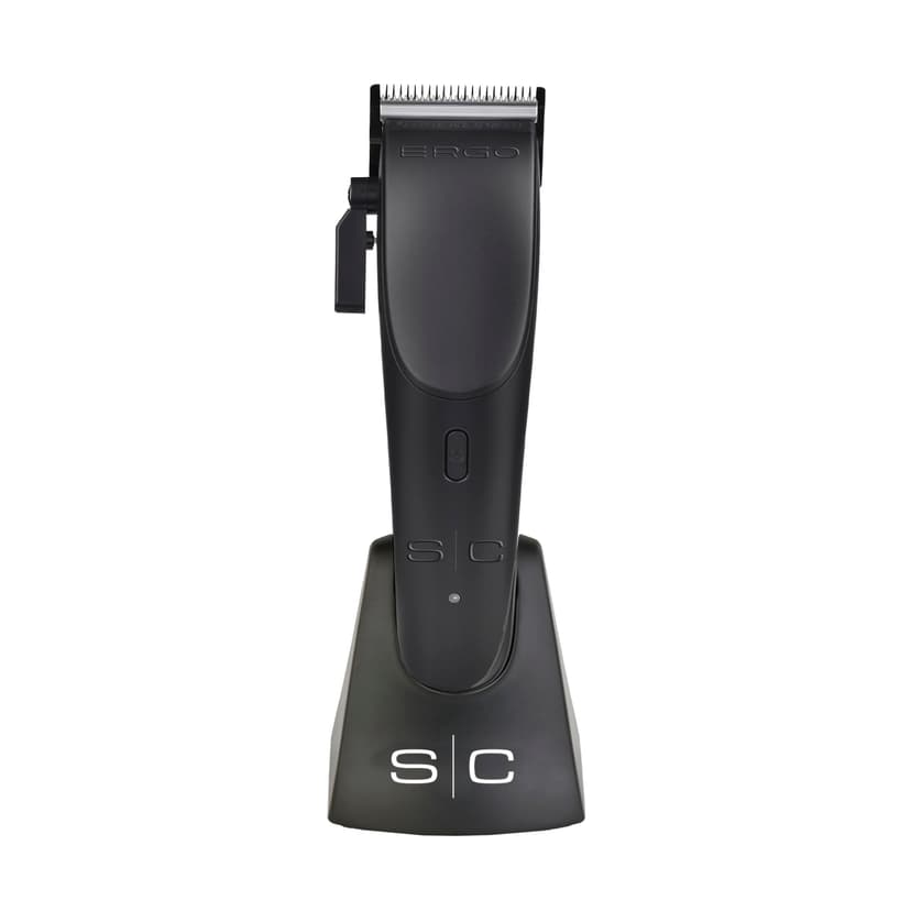 StyleCraft Ergo Professional Microchipped Magnetic Clipper with 5 Guards, Charging Stand, and 3 Customizable Colored Lids (Black, Pink, Blue)