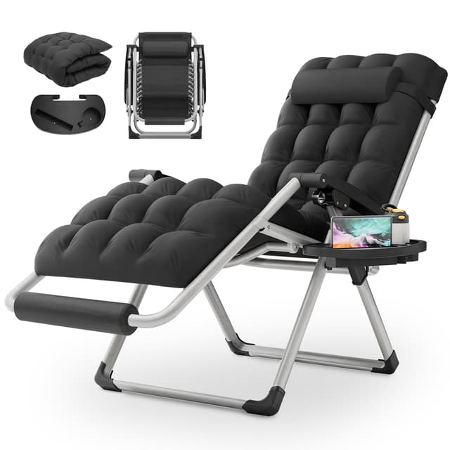 MoNiBloom 27-Inch Zero Gravity Lounge Chair with Cushion, Padded Patio Anti Gravity Recliner, Foldable Outdoor Lounger with Headrest and Footrest for Beach Camping, Black