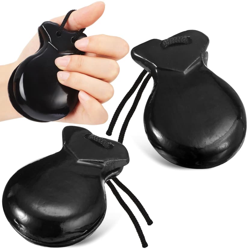 Motionchic 2 Pack Spanish Castanets Flamenco with String Traditional Wood Hand Percussion Castanets for Adults Music Instrument Spain Souvenir Gift, 1 Pair(Black)