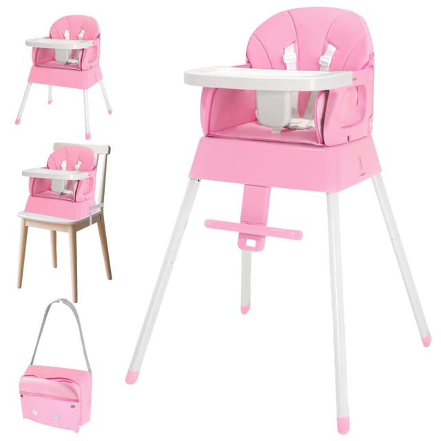 BOSEDSANG 4-in-1 Baby High Chair, Convertible Highchair for Babies and Toddlers, Portable High Chair with Foldable Design, Booster Seat for Kitchen, Dining & Outdoor Use, Easy to Clean & Storage(Pink)