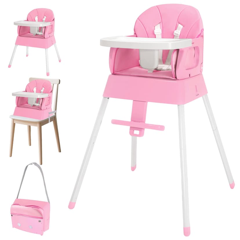 BOSEDSANG 4-in-1 Baby High Chair, Convertible Highchair for Babies and Toddlers, Portable High Chair with Foldable Design, Booster Seat for Kitchen, Dining & Outdoor Use, Easy to Clean & Storage(Pink)