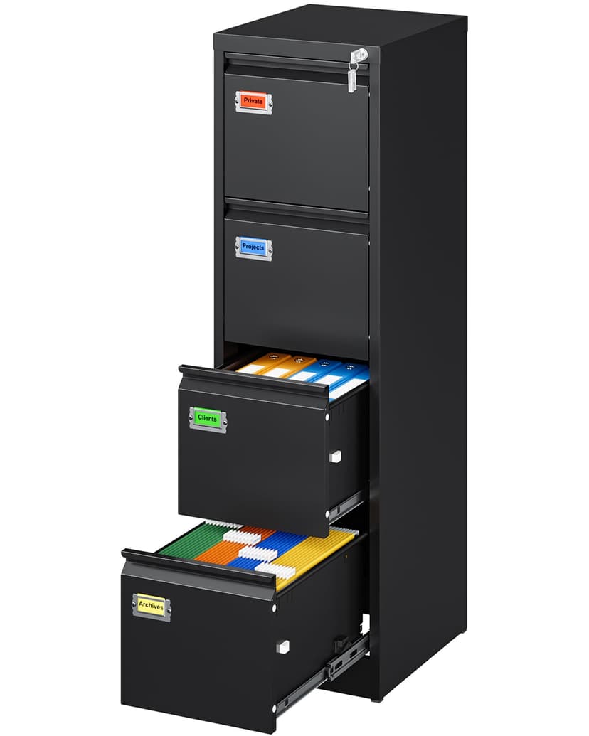 PEUKC 4 Drawer File Cabinet, Vertical Filing Cabinets with Lock, Metal File Cabinets for Home Office, Anti-Tip 4 Storage Drawers for Letter/Legal/A4/F4 Size (Assemble Required, Black)