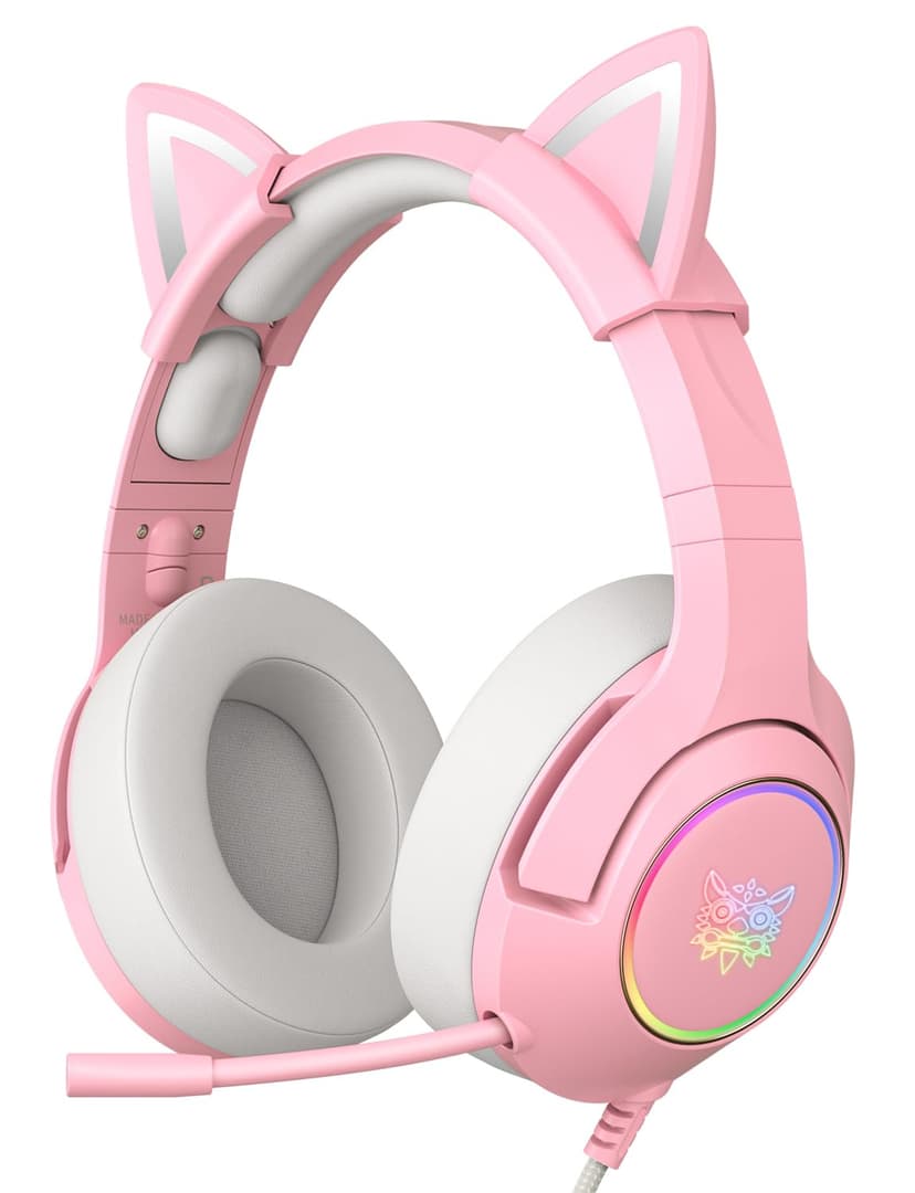 PHNIXGAM Cat Ear Gaming Cute Headset, Wired Over-Ear Headphones with Retractable Microphone, Surround Sound, LED Backlight for PS4, PS5, PC, Mobile Phone (Light Pink)