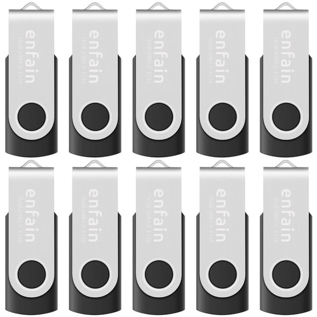 Enfain 16GB USB 2.0 Flash Drive 10 Pack | 160GB Total Swivel Thumb Drives with Labels for Office, School & Bulk Data Storage (Black)