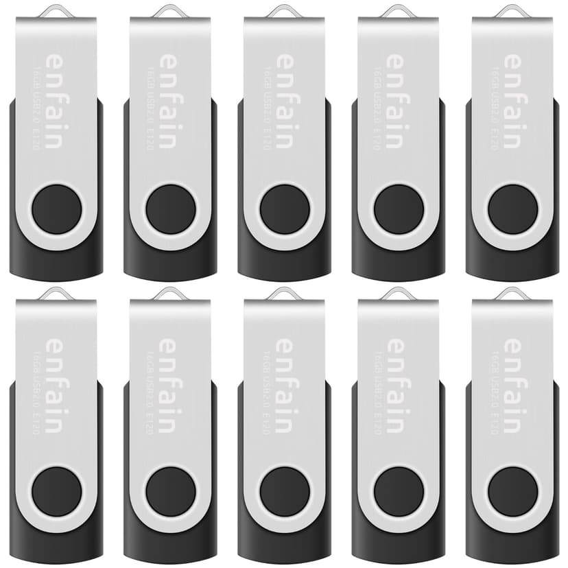 Enfain 16GB USB 2.0 Flash Drive 10 Pack | 160GB Total Swivel Thumb Drives with Labels for Office, School & Bulk Data Storage (Black)