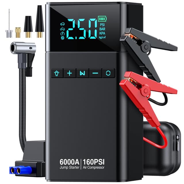CZKBG 10-in-1 Portable Car Battery Jump Starter with Air Compressor, 6000A 160PSI Portable Car Jumper Starter (All Gas 12L Diesel), 12V Jump Box Car Battery Jump Starter with Jumper Cables, Lights
