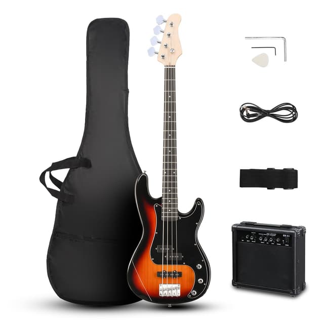 Ktaxon 4 String Bass Guitar, Bass Kit Full Size Guitar Starter Kit with 20W AMP, Portable Gip Bag, Premium Cable, Adjustable Guitar Strap, Picks and Wrench, Gift For Music Lover(Bass Set-Sunset)