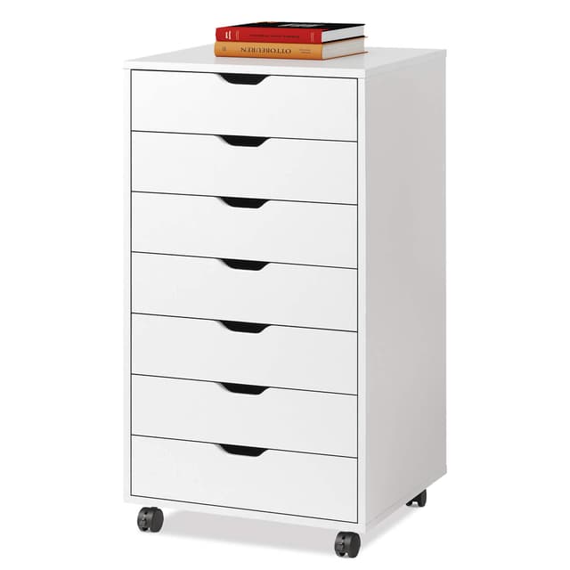 DEVAISE 7-Drawer Chest, Wood Storage Drawer File Cabinet with Wheels, White