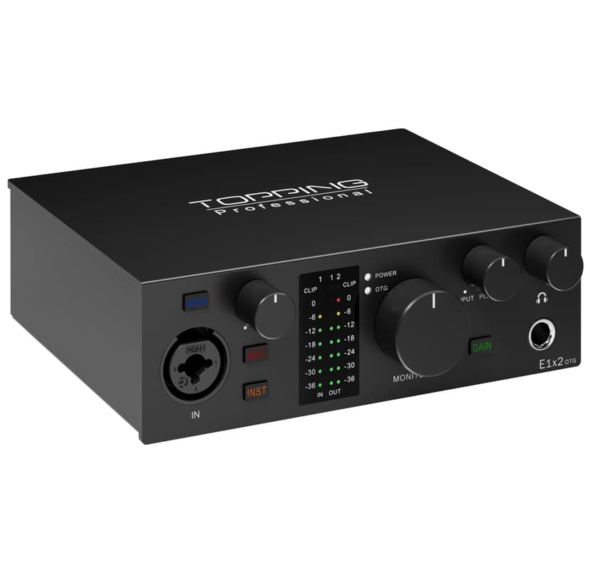 TOPPING E1X2 OTG USB Audio Interface | XLR Mic Preamp, 48V Phantom Power, 24bit/192kHz, 8 DAW/6 Loopback Channels, PC & Mobile Recording, Dual Livestream, Zero-Latency Mixer, High-Res Playback(Black)