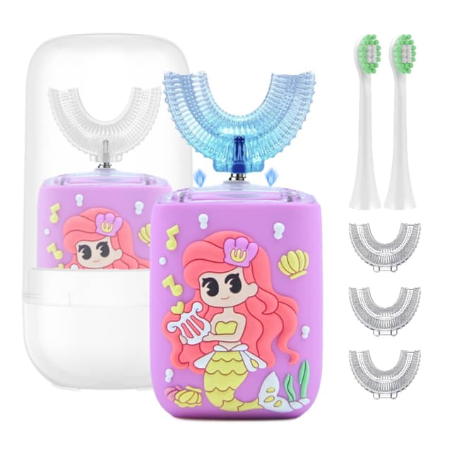 Geacker Kids Electric Toothbrush, U Shaped Toothbrush Kids Sonic Automatic Brush with Cup 5 Brush Head 6 Clean Modes IPX7 Waterproof Mermaid Design Rechargeable Smart Timer for Children 8-14