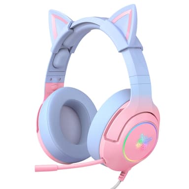 PHNIXGAM Gaming Headset for PS4, PS5, Cat Ear Headphones with Retractable Microphone, RGB Backlight, Surround Sound for PC, Mobile Phone, Gradient Pink Blue