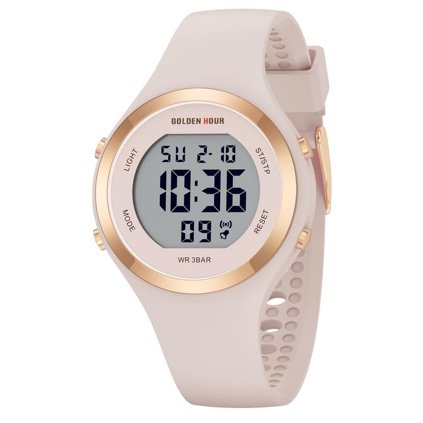 GOLDEN HOUR Waterproof Sport Women's Digital Chronograph Silicone Strap Watch in Rose Gold Case