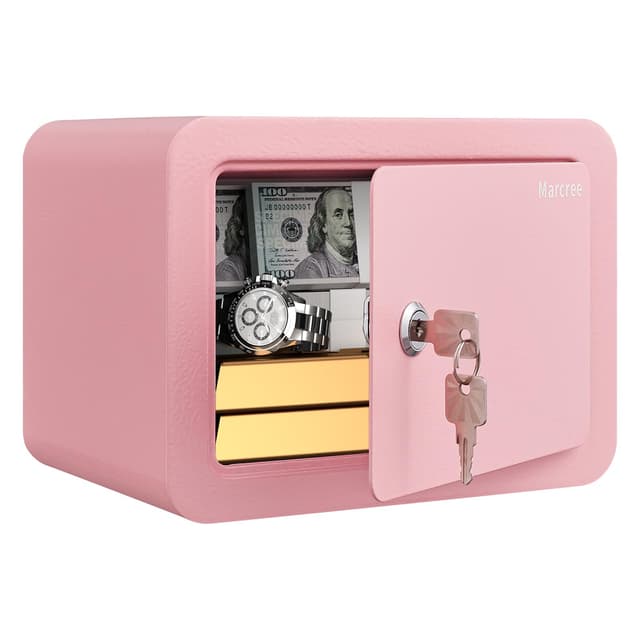 Marcree 0.23 Cubic Small Safe Box for Home, Mini Safes for Kids, Pink Safe with Key, Security Cabinet Safes with Cutting-edge Bending, Lock Box with Keys for Money Cash, 6.69x 9.06x 6.69 Inches, Pink