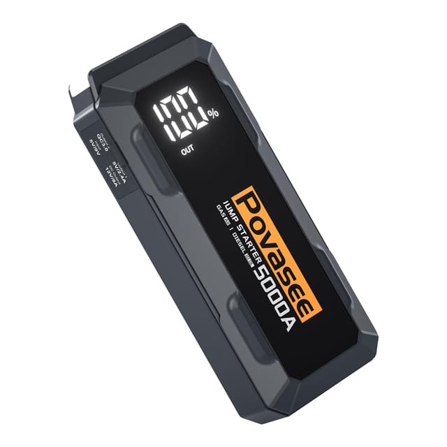 5000A Jump Starter | Povasee A40 Car Battery Jump Starter, 12V Portable Power Pack for All Gas & 10L Diesel Engines, with 3" LCD Display, Dual USB Output & Multi-Mode LED Light