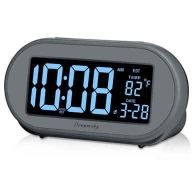 DreamSky Alarm Clocks for Bedrooms, Auto Set Digital Desk Clock for Bedside Nightstand, Electric Clock with Dimmable Brightness Dimmer, Auto DST, USB Port, Date, Temperature, Snooze