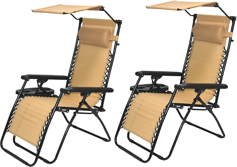 BTEXPERT Set of 2, Adjustable Steel Mesh Zero Gravity Lounge Chairs Outdoor Patio Recliner Beach Yard Garden w/Pillow Sunshade Utility Tray Cup Holder Heavy Weight Capacity, 2Pack TAN Beige w/Canopy