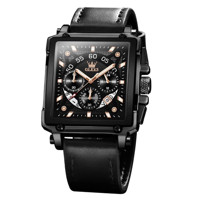 OLEVS Mens Tank Watches Black Rectangle Face Stainless Steel Faux-Leather Watch for Men Sword Hands Classic Day Date Arabic Numerals Men's Chronograph Watch Analog Male Watches for Large Wrist