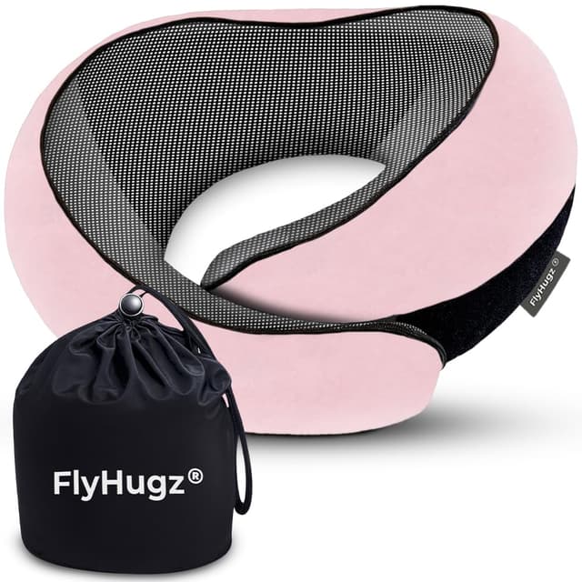 FlyHugz® Neck Travel Pillow | Memory Foam Neck Pillow for Comfort on Airplane | Compact and Ergonomic Design for Travel, Car Rides, and Home Use | Ideal for Adults and Kids (Pink)