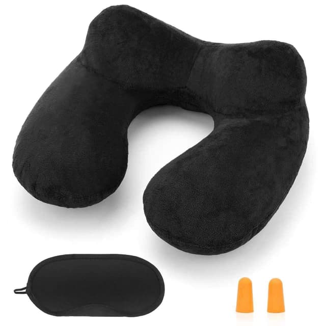 HITSZS Inflatable Travel Pillow for Airplane Inflatable Neck Pillow for Traveling with Soft Velvet Washable Cover for Sleeping, Airplane,Train, Car, Office, Contoured Eye Masks, Earplugs
