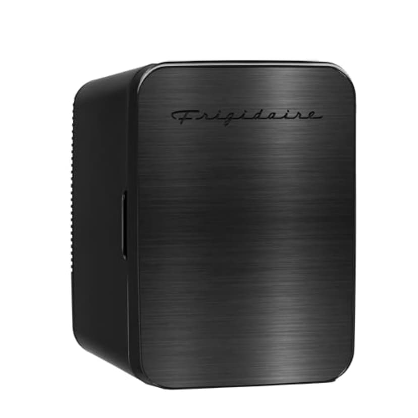 Frigidaire Mini Personal Fridge Cooler, Countertop, Holds Up to 10L/15 Cans, Brushed Black Stainless Rugged Design, Portable for Skincare, Makeup, Car, Office, Bedroom, Dorm Room, or Cabin
