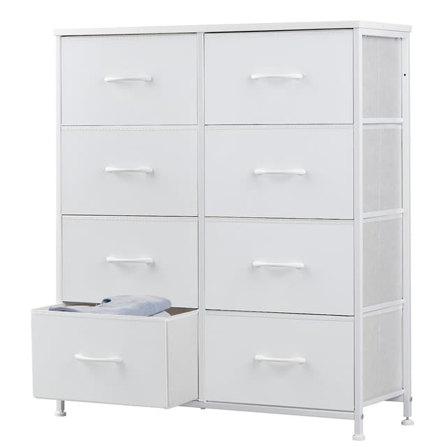 DUMOS Dresser for Bedroom with 8 Fabric Drawers, Tall Chest Organizer Units for Clothing, Closet, Kidsroom, Storage Tower with Cabinet, Metal Frame, Wooden Top, Lightweight Nursery Furniture, White