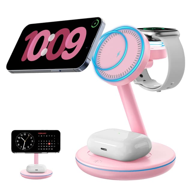 2026 3 in 1 Charging Station for Apple iPhone AirPods Watch with Mag-Safe Charger Wireless Charger Stand for iPhone 17 16 15 14 13 12 Series AirPods iWatch Series - Gifts for Wife & Husband(Pink)