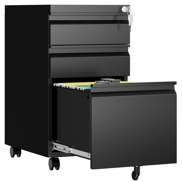 AFAIF 3 Drawer Mobile File Cabinet with Lock, Rolling Filing Cabinets for Home Office, Under Desk Small File Cabinet Three Drawers for Legal/Letter/A4 File, Black - Assembly Required