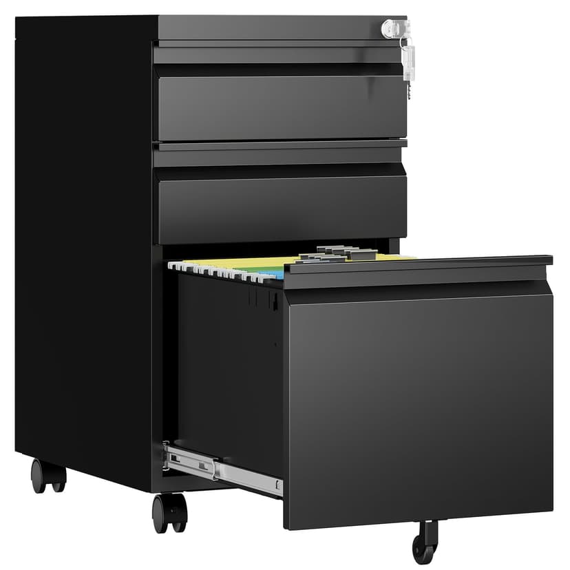 AFAIF 3 Drawer Mobile File Cabinet with Lock, Rolling Filing Cabinets for Home Office, Under Desk Small File Cabinet Three Drawers for Legal/Letter/A4 File, Black - Assembly Required