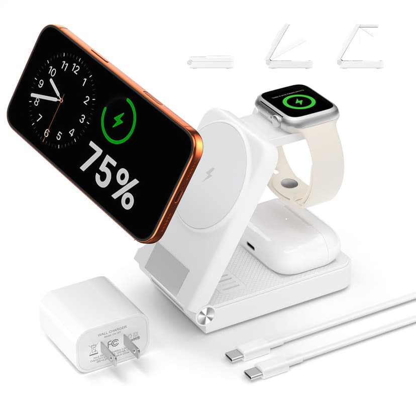 3 in 1 Charging Station, 25W Foldable Magnetic Fast Wireless Charger Stand for Apple Multiple Devices, Travel Charger for iPhone 17 16 15 14 13 12 Series Watch AirPods 4/3/2/Pro