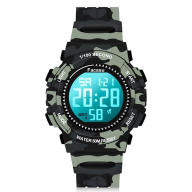 Facasu Camo Sports Watch for Boys-50M Waterproof Kids Teen Boys Digital Watch with Alarm&Snooze,Stopwatch Military Design Silicone Band Gift for Boys-8+ Years Old(Camo Black)