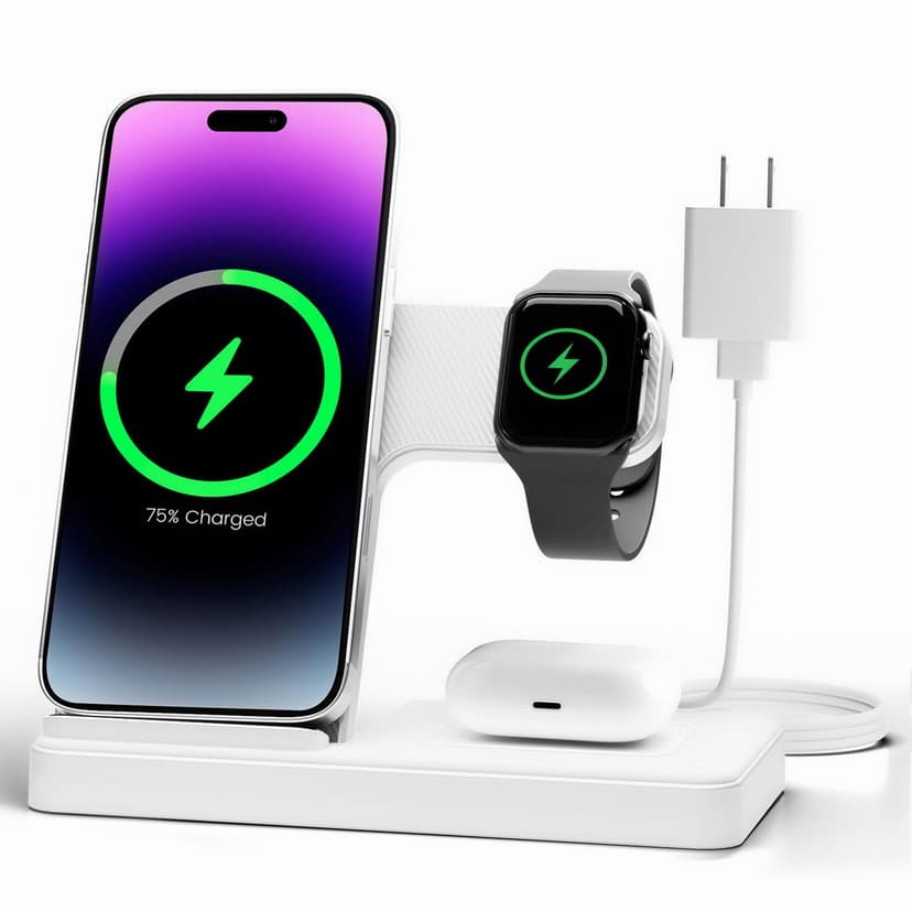 Wireless Charger Stand Charging Station: 3 in 1 Charger Stand Multiple Devices for Apple - iPhone 17 16e 16 15 14 Pro Max 13 12 - Watch 11 10 9 8 7 6 5 4 3 2 SE and Ultra Series-Airpods 4 3 Pro, White