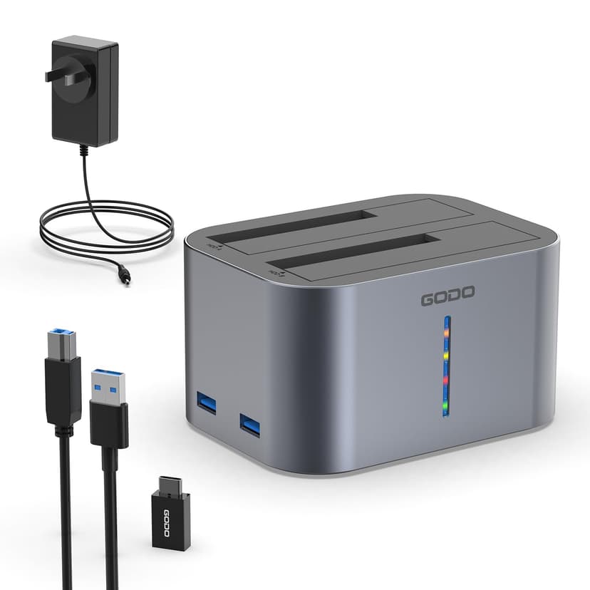 GODO Hard Drive Dock USB 3.0 to SATA I/II/III RGB Dual Bay Aluminum External Hard Drive Docking Station for 2.5 3.5 inch SATA HDD SSD Support UASP, 2x16TB + 2 USB3.0 Ports