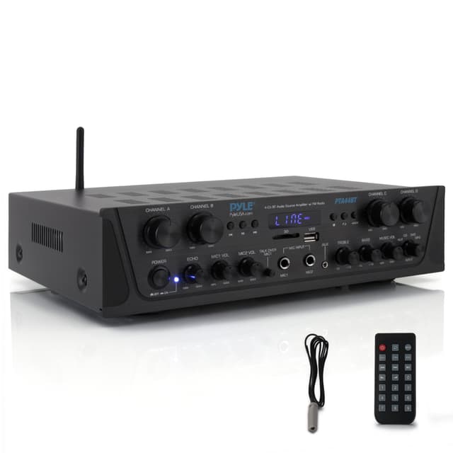 Pyle 500W 4-Channel Karaoke Bluetooth Amplifier / Home Stereo Receiver for Wireless Music Streaming - with AUX - FM - RCA - Sub Out - USB - A / SD MP3 Player - Mic Input with Echo, Vol, Talk-Over