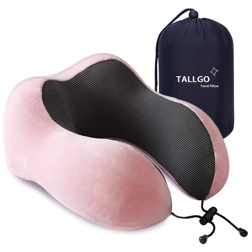 TALLGO Travel Pillow, Best Memory Foam Neck Pillow Head Support Soft Pillow for Sleeping Rest, Airplane Car & Home Use (Pink)