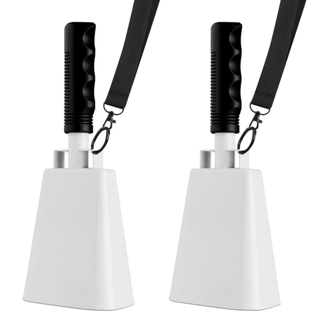 cyrico Cow Bell, 2 Pack Cheering Cowbells for Sporting Events, 10 Inch Large Cow Bells Noise Makers, Solid White Steel Hand Bell Chimes Alarm for Football Games, School, Percussion Musical Instruments