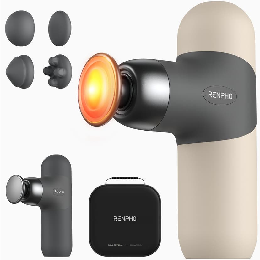 RENPHO Mini Thermal Massage Gun with Heat, Portable Deep Tissue Percussion Massager with 4 Heads for Neck & Back Comfort, Ultra-Quiet Operation for Home, Office & Travel, Includes Compact Carry Case