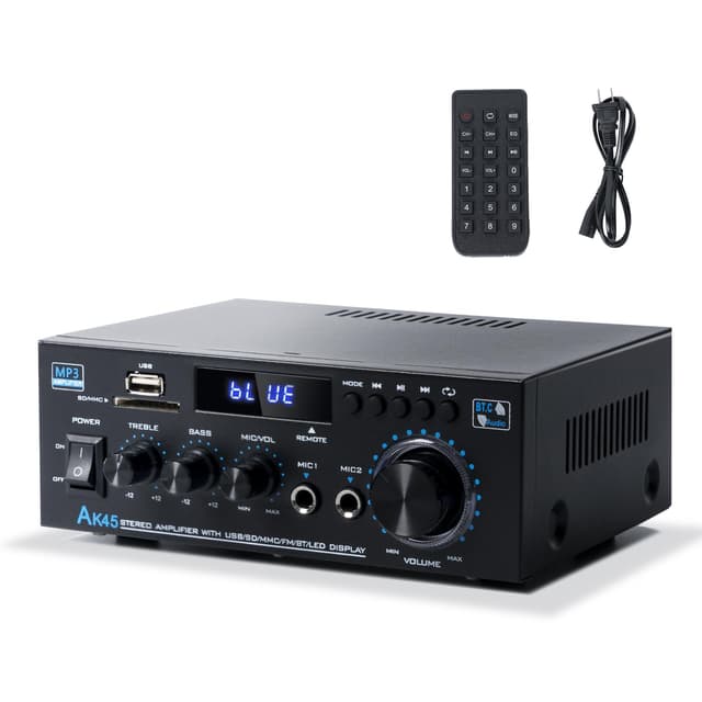 Bluetooth Stereo Receiver &Home Audio Amplifier, 300Wx2 2-Channel for Home Theater & Bookshelf Speakers, w/FM Radio Karaoke, w/USB/SD/RCA/MIC/FM in, with Remote Control, for Garage Bar Party