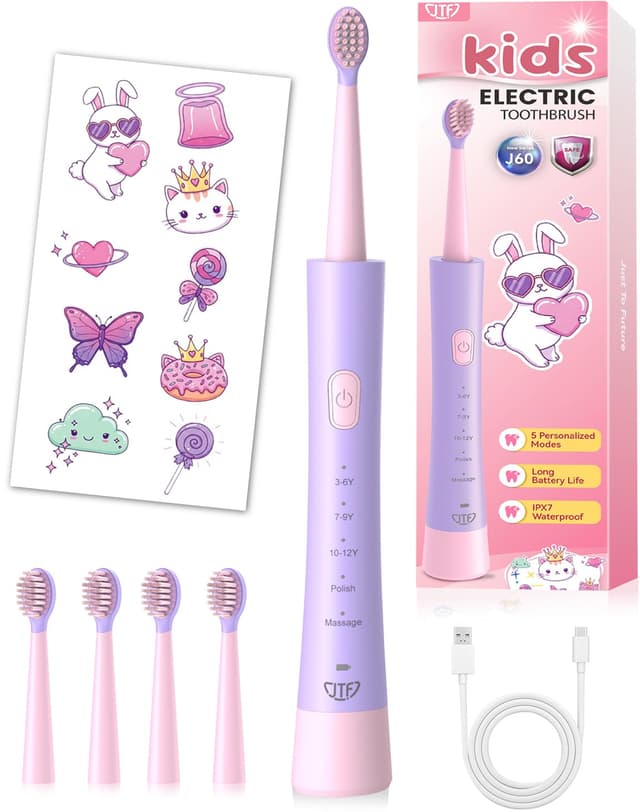 JTF Rechargeable Electric Toothbrush for Kids: 5 Gentle Modes for Ages 3+, Safe & Effective for Sensitive Teeth - with Fun DIY Stickers, 4 Soft Brush Heads, Children Sonic Toothbrush for Home & School
