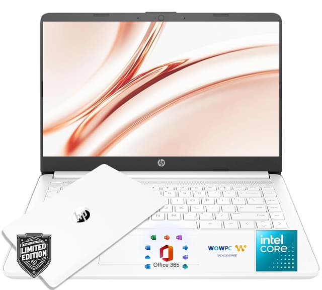 HP 14″ Snowflake White Lightweight Laptop, with Office 365 & Copilot AI, Intel Processor, 4GB RAM Memory, 1.6TB Storage (64GB SSD + 512GB Portable + 1TB OneDrive)